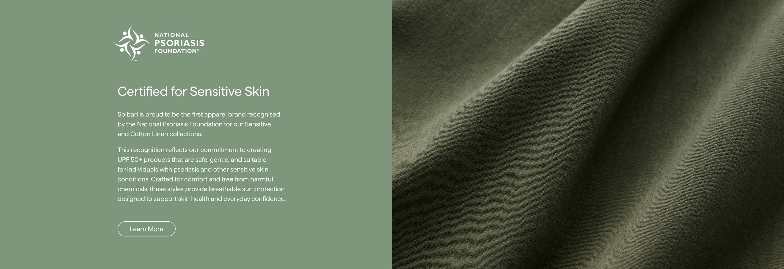Text on a green background about certified sensitive skin products, with a close-up of green fabric on the right.