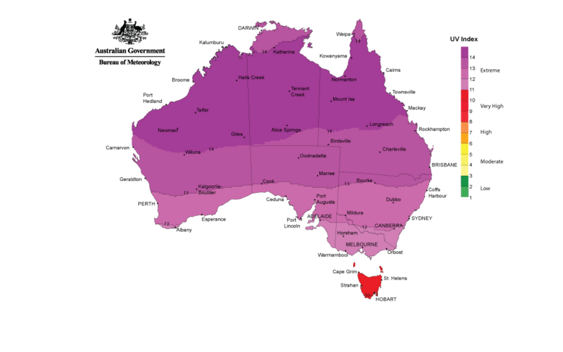 The image shows the average UV ratings in January in Australia. Source: Bureau of Meteorology. 