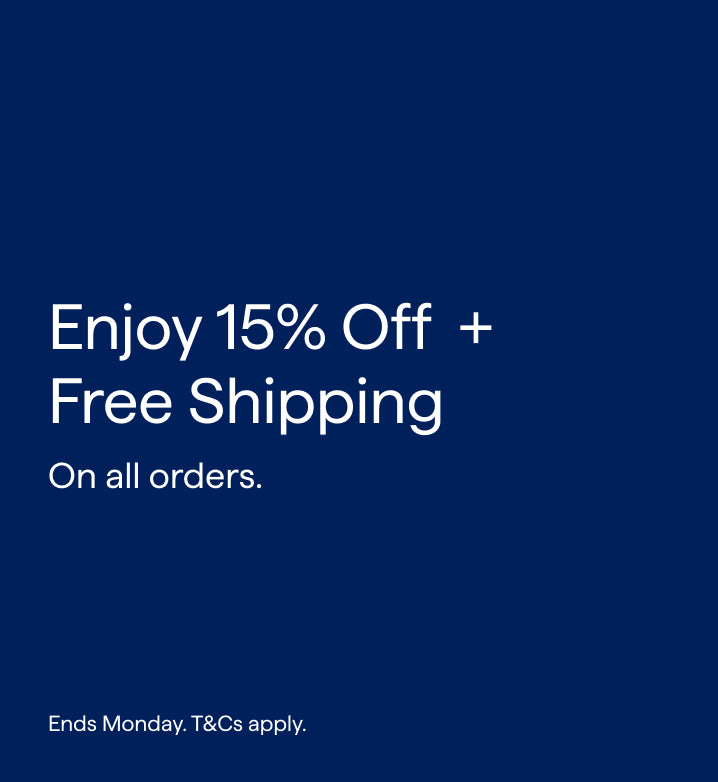 Promotional text on a blue background with 15% off and free shipping offer.